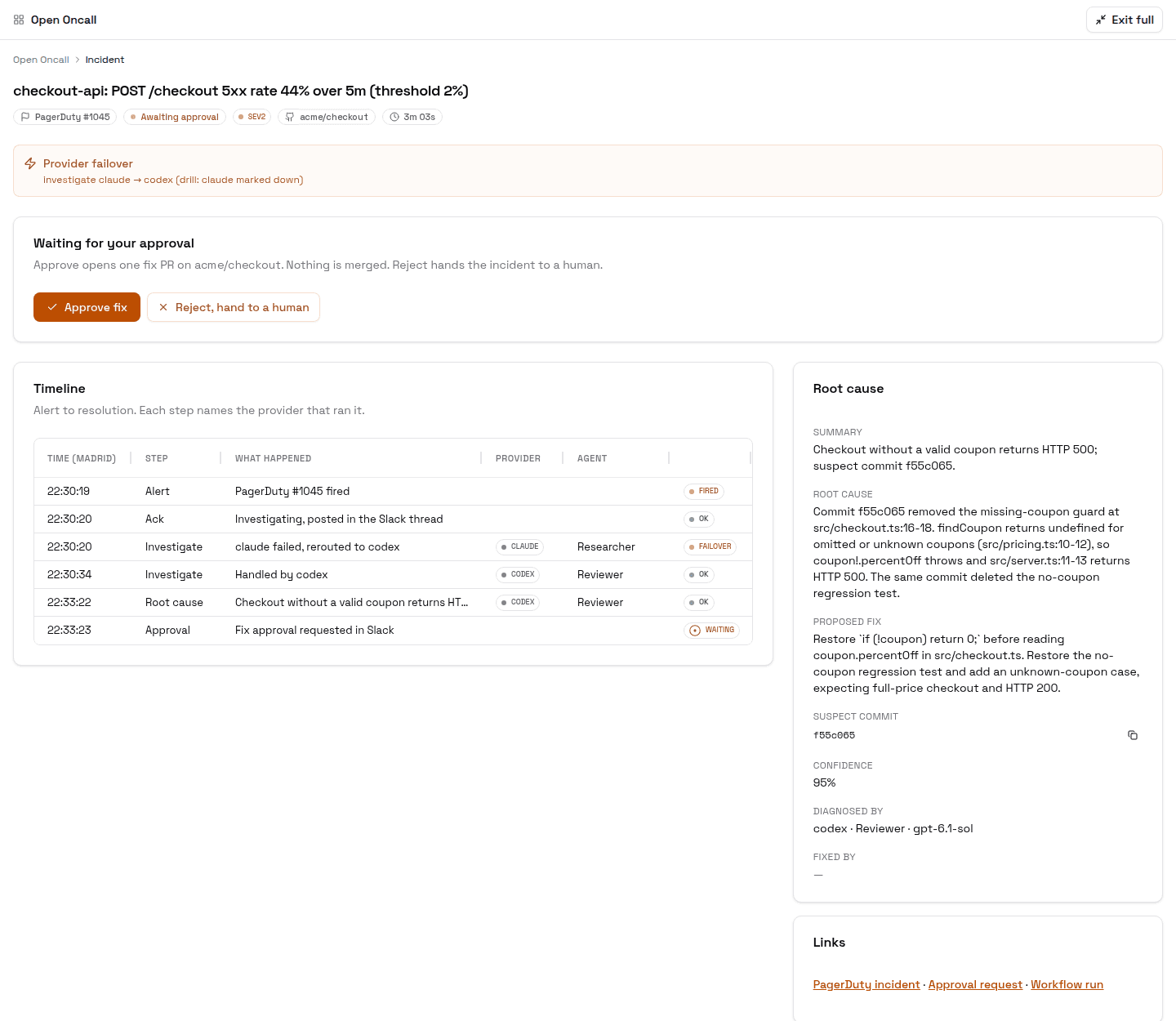 Incident awaiting approval: claude failed, codex took over and found the root cause