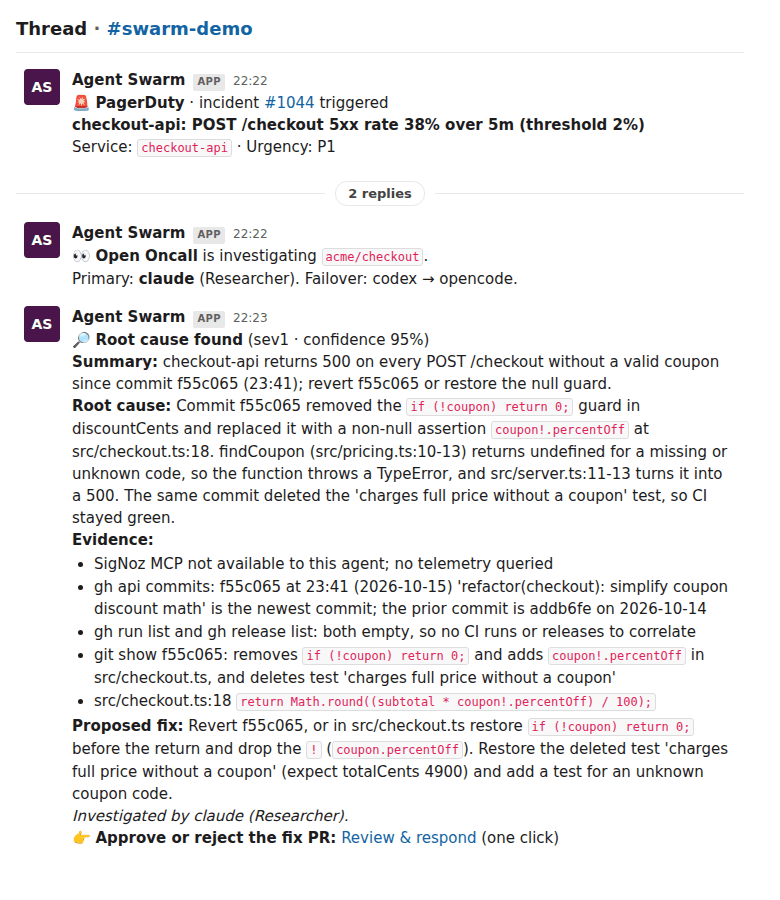 Slack thread for a PagerDuty incident: alert, investigating message with the provider chain, then the root cause, evidence, proposed fix and the approval link