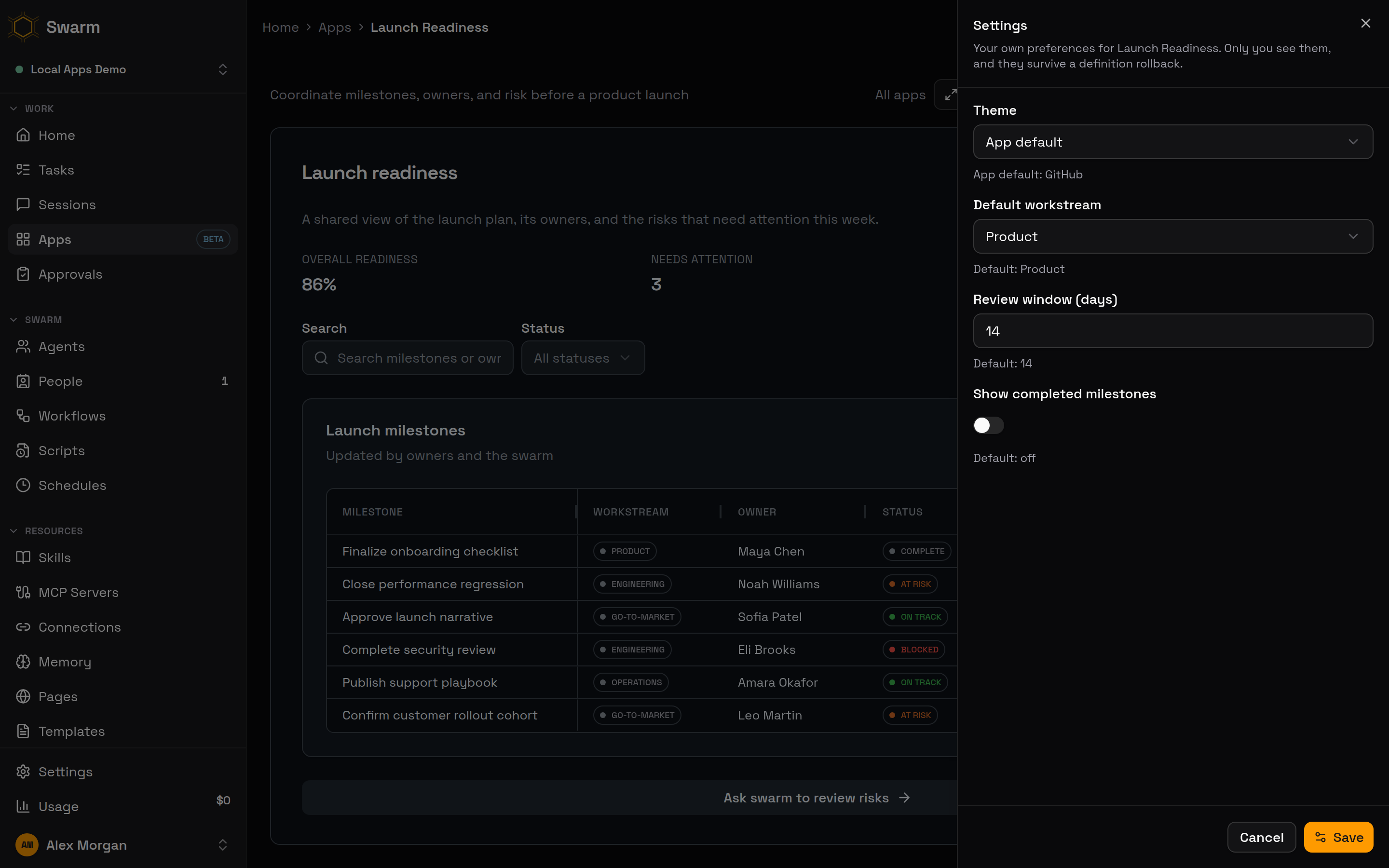 The Launch Readiness settings drawer with theme and per-user preferences