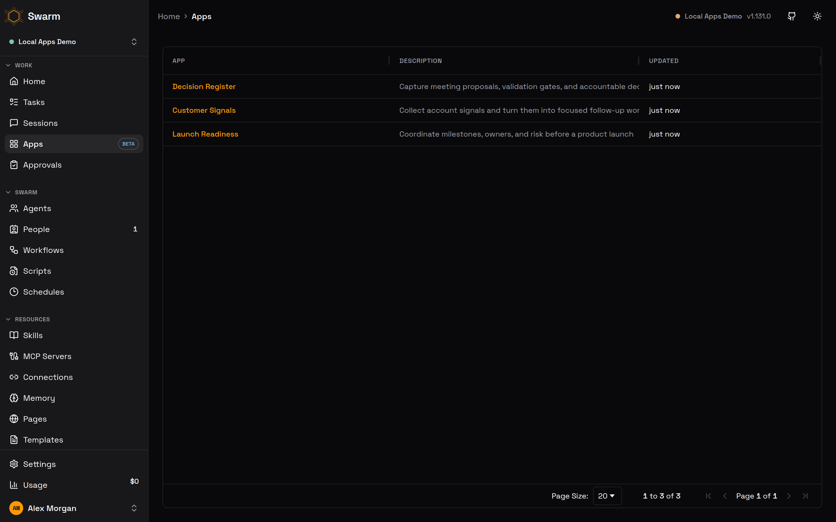 The Apps catalog with Launch Readiness, Customer Signals, and Decision Register examples